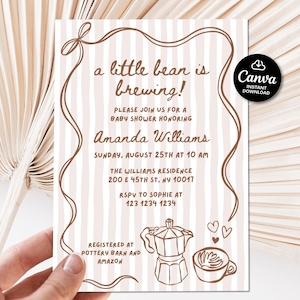 May include: Baby shower invitation with a brown line art design on a striped background. The text reads "a little bean is brewing!" and includes event details, such as the date, time, and location. The invitation also features a coffee pot and cup illustration.