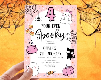 Four Ever Spooky Birthday invitation, 4th birthday girl invitation, Pink Halloween cute ghost Girl Halloween Birthday Party invite, Coquette
