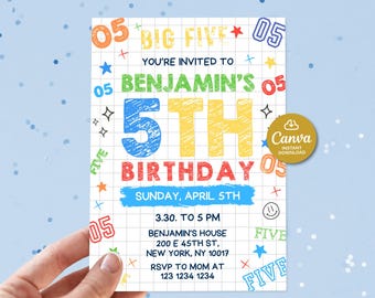 5th birthday party invite, Boy Birthday Invitation editable, Five year old birthday invitation, Number birthday invitation printable, Party