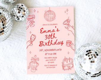 Cocktail birthday party invitation, Adult Invite digital, Hand drawn birthday invite, 21st, 30th, 40th, 50th Birthday invite editable