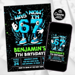 May include: Black birthday invitation with the text "I WAS 6, NOW I'M 7" in pixelated blue font. The invitation includes the name "Benjamin's 7th Birthday!" and event details. A smartphone displays the same design.