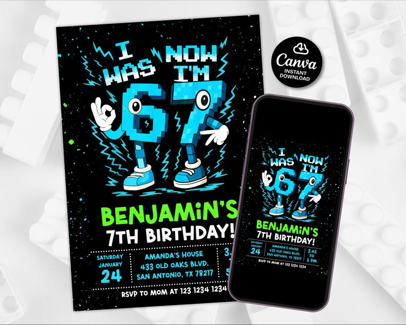 May include: Black birthday invitation with the text "I WAS 6, NOW I'M 7" in pixelated blue font. The invitation includes the name "Benjamin's 7th Birthday!" and event details. A smartphone displays the same design.