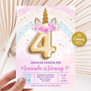 May include: A birthday invitation with a gold foil number 4 balloon, unicorn horn and floral accents. The invitation has a pastel rainbow background and includes event details for Amanda's 4th birthday.