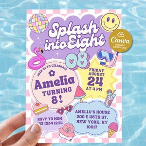 May include: A vibrant birthday invitation with the text "Splash into Eight" and "Amelia Turning 8!" The design features a flamingo floatie, ice cream cone, and a smiley face. The invitation also includes the date, time, and location.