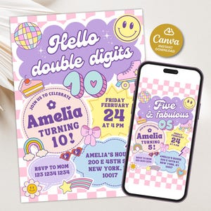 May include: A birthday invitation and a smartphone screen displaying a similar design. The invitation features the text "Hello double digits" and "Amelia turning 10!" in a retro style with pastel colors and illustrations.