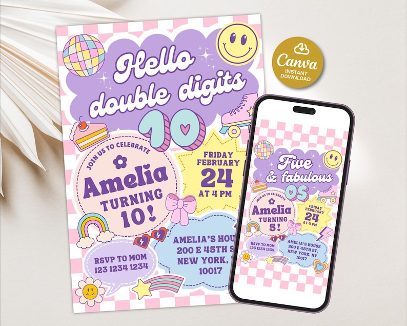 May include: A birthday invitation and a smartphone screen displaying a similar design. The invitation features the text "Hello double digits" and "Amelia turning 10!" in a retro style with pastel colors and illustrations.