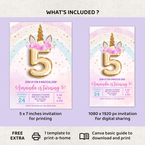 May include: Two birthday party invitations. The design features a gold number 5 balloon, a unicorn horn, and pink flowers. The text reads "Amanda is turning 5!" and includes party details. One invitation is 5 x 7 inches, the other is 1080 x 1920 px.