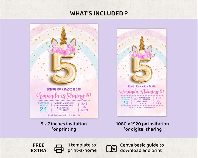 May include: Two birthday party invitations. The design features a gold number 5 balloon, a unicorn horn, and pink flowers. The text reads "Amanda is turning 5!" and includes party details. One invitation is 5 x 7 inches, the other is 1080 x 1920 px.