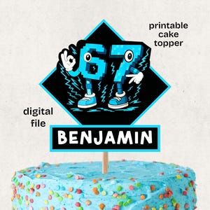 May include: A blue frosted cake with colorful sprinkles is topped with a cake topper. The topper features the number 67 in a pixelated font, with arms and legs, and the name "BENJAMIN" below. Text on the topper reads "digital file" and "printable cake topper."