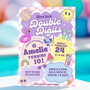 May include: A rectangular party invitation card with a pink and white chequered background. It features purple text reading Dive into Double Digits, Amelia Turning 10, and details for Friday February 24 at 4 PM at Amelia's Pool, 200 E 45th St, Austin, TX 10017.