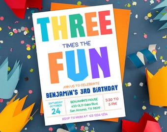 Three times the fun birthday invitation, 3rd birthday party invite, Editable birthday invitation digital, Boy Third Bday Party invitation