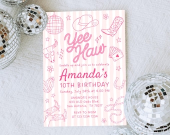 Editable Space Cowgirl Birthday Invitation, Disco rodeo invite digital, Space cowgirl birthday invitation, Yee Haw invitation, Pink Cowgirls