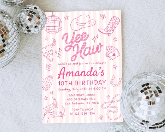 Editable Space Cowgirl Birthday Invitation, Disco rodeo invite digital, Space cowgirl birthday invitation, Yee Haw invitation, Pink Cowgirls