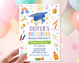 May include: A colorful preschool graduation party invitation with the text "Oliver's Preschool Graduation Party." The design includes a graduation cap, diploma, rainbow, and other playful illustrations. The invitation is held by a hand.