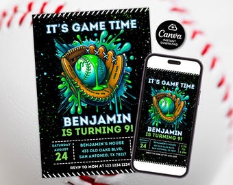 Baseball birthday party invitation, Editable Baseball drip invitation, Bruh birthday invitation boy, Neon birthday invite, party invitation