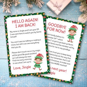 May include: Two rectangular cards with white centres and green borders featuring colourful Christmas ornaments. The left card reads HELLO AGAIN! I AM BACK! and the right card reads GOODBYE FOR NOW! Both cards include illustrations of a cartoon elf.