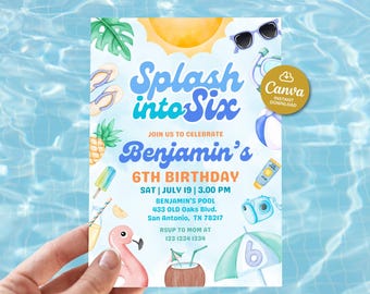 Splash into six birthday invites boy, 6th Birthday Pool Party, Editable Summer birthday party invite, Swimming party invite, Summer party
