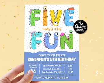 Five times the fun birthday, 5th birthday party editable, Monster birthday invitation digital, Boy FIFTH Bday Party invitation printable