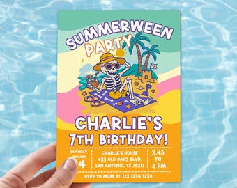 Summerween Party Invitation Template, Retro Summer Halloween Party editable, Spooky pool birthday invite, Skeleton party invite printable