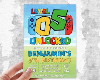 5th birthday invite boy, Gamer birthday invite, Video game party, Editable switch invite, Level Up Party Invite, unlocked birthday