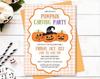May include: A Halloween-themed invitation with orange and white gingham background. The invitation features the text "Pumpkin Carving Party" and illustrations of carved pumpkins. Details include the date, time, location, and RSVP information.