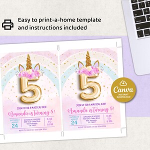 May include: Two printable birthday party invitations with a unicorn theme. The invitations feature a gold number 5 balloon, a unicorn horn, and the text "Amanda is turning 5!" The invitations include the date, time, and location.