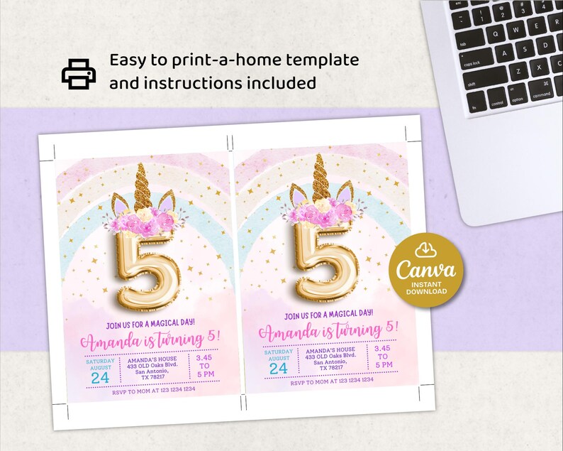 May include: Two printable birthday party invitations with a unicorn theme. The invitations feature a gold number 5 balloon, a unicorn horn, and the text "Amanda is turning 5!" The invitations include the date, time, and location.