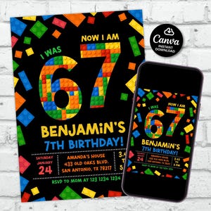 Könnte beinhalten: Eine schwarze Geburtstagseinladung mit bunten Zahlen und Text im Blockstil. Die Einladung lautet "Ich war 67, Benjamins 7. Geburtstag!" mit Veranstaltungsdetails. Ein Smartphone zeigt das gleiche Design.