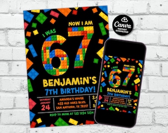 Six Seven Building Blocks Birthday Invitation, 7th birthday invite boy, 6 7 Meme Building Blocks Birthday Party, 7th Birthday Constructor