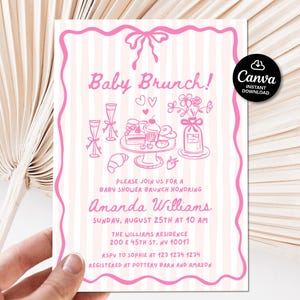 May include: A pink and white baby shower brunch invitation with a decorative border and a bow at the top. The invitation includes the text "Baby Brunch!" and details about the event, including the date, time, and location.