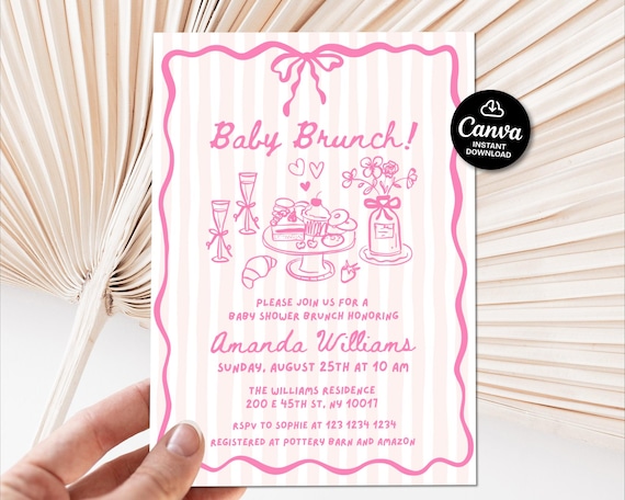 Girl baby shower brunch invite, Baby Shower Brunch invite with name, Hand Drawn Baby Sprinkle invite, Pink bow baby shower invitations