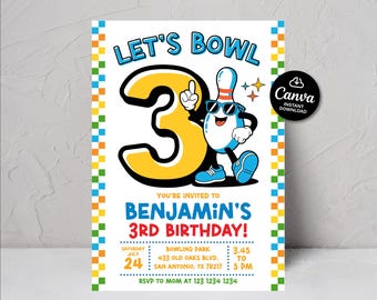 Let's Bowl 3rd Birthday invitation, Bowling birthday invitation editable, Let's Strike Up Some Fun Birthday Party Invite, Retro party invite