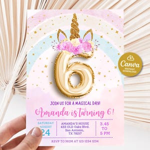 6th birthday unicorn invitation, Editable sixth birthday invite girl, Magical Party Pastel rainbow invitation, Unicorn Rainbow Girl Birthday