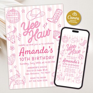 May include: Pink and white birthday party invitation with a cowgirl theme. The invitation features the text "Yee Haw" and details for a 10th birthday celebration, including the name "Amanda". A smartphone displays the same design.