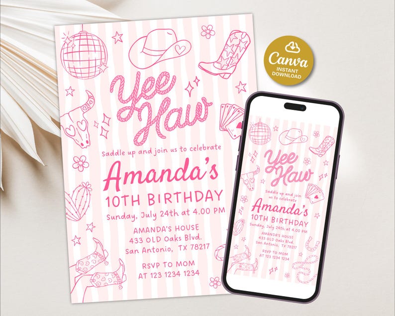 May include: Pink and white birthday party invitation with a cowgirl theme. The invitation features the text "Yee Haw" and details for a 10th birthday celebration, including the name "Amanda". A smartphone displays the same design.