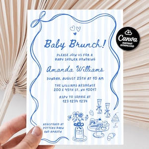 May include: A baby shower invitation with blue handwritten text and illustrations on a white background with blue vertical stripes. The invitation includes the text "Baby Brunch!" and details for the event, including the honoree's name, date, time, and location.