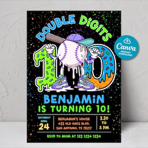 May include: A black birthday invitation with the text "Double Digits" in blue and green. The design features a baseball character holding a bat and a donut with the number 10. The invitation reads "Benjamin is turning 10!" with event details.