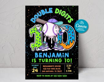 Hello Double Digits Baseball birthday party invitation, Editable Baseball 10th birthday Boy, Drip invitation, Bruh Birthday Invite Neon