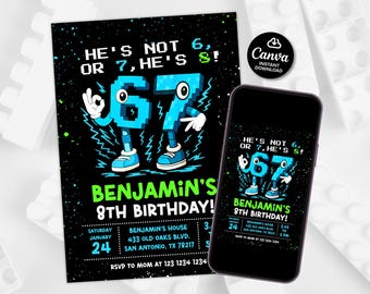 6 7 Brainrot birthday invite boy, 8th birthday invitation digital, Six Seven Meme Birthday Invitation, Retro gaming style invite, pixel meme