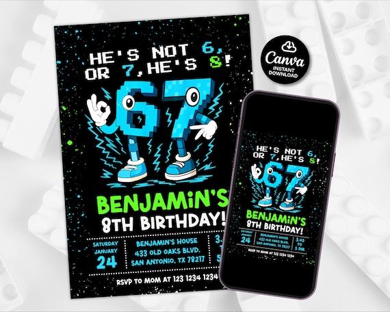 6 7 Brainrot birthday invite boy, 8th birthday invitation digital, Six Seven Meme Birthday Invitation, Retro gaming style invite, pixel meme