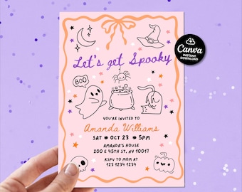 Peut inclure: Une invitation rose pour Halloween avec le texte "Let's get Spooky" et des illustrations d'un fantôme, d'un chaudron, d'un chat et d'une citrouille. L'invitation comprend les détails de l'événement.