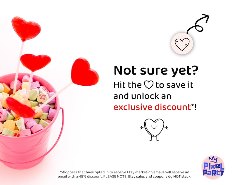 May include: A pink bucket overflowing with heart-shaped sweets and red heart lollipops. The image features the text "Not sure yet? Hit the heart to save it and unlock an exclusive discount!"