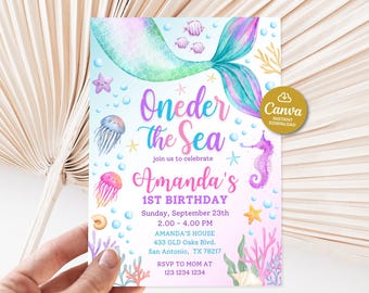 1st birthday invitations mermaid, Oneder the sea mermaid invitations, Under the sea invitation for girl editable, Mermaid bash, First Bday