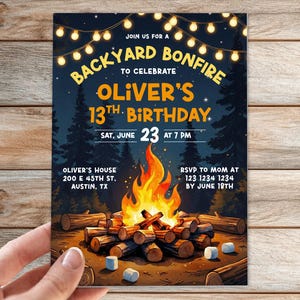 May include: An invitation for Oliver's 13th birthday party, with a backyard bonfire theme. The design shows a bonfire with flames, logs, and marshmallows, set against a night sky with string lights and trees. The text reads "Backyard Bonfire" and event details.