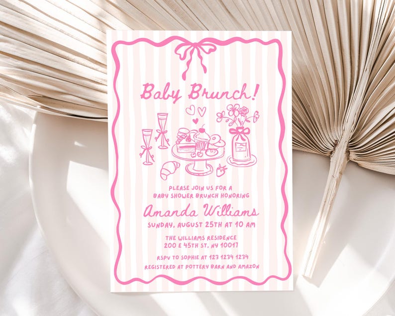 May include: Pink and white striped invitation for a baby shower brunch. The invitation features a pink border and illustrations of brunch items, including champagne flutes, pastries, and flowers. Text reads "Baby Brunch!" and details for the event.