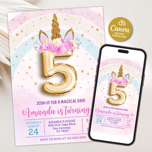 May include: A birthday invitation and a smartphone display a design featuring a golden number 5 balloon, a unicorn horn, and floral accents. The invitation includes the text "Amanda is turning 5!" and event details.