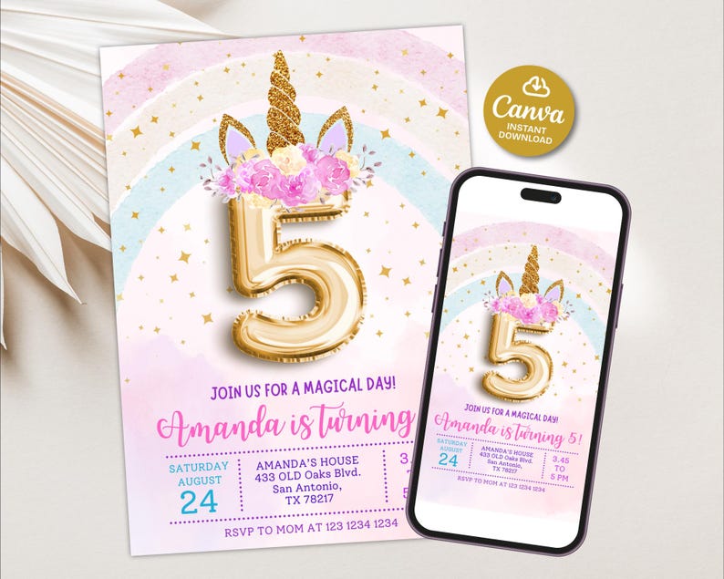 May include: A birthday invitation and a smartphone display a design featuring a golden number 5 balloon, a unicorn horn, and floral accents. The invitation includes the text "Amanda is turning 5!" and event details.