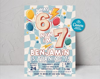 Six Seven Meme Birthday Invitation editable, 7th birthday invite boy, I Was 6 Now I’m 7 birthday invite, Retro style invitation, pixel meme