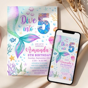 May include: A mermaid-themed birthday invitation with a watercolor illustration of a mermaid tail, a large number 5, and the text "Dive into 5". The invitation is for Amanda's 5th birthday party and includes the date, time, and location of the party. The invitation also includes the text "RSVP to Mom at 123 1234 1234".