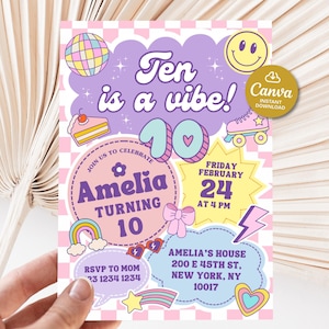 10th birthday party invitation girl, 10 is a vibe invitation, Preppy invitation editable, Groovy digital invitation, ten birthday invitation